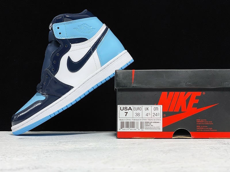 Get Air Jordan 1 High Og Unc Patent Leather Obsidian/Blue/White 11