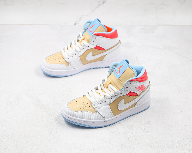 Air Jordan 1 Mid Se Sesame/White/Flash Crimson/Psychic Blue 3