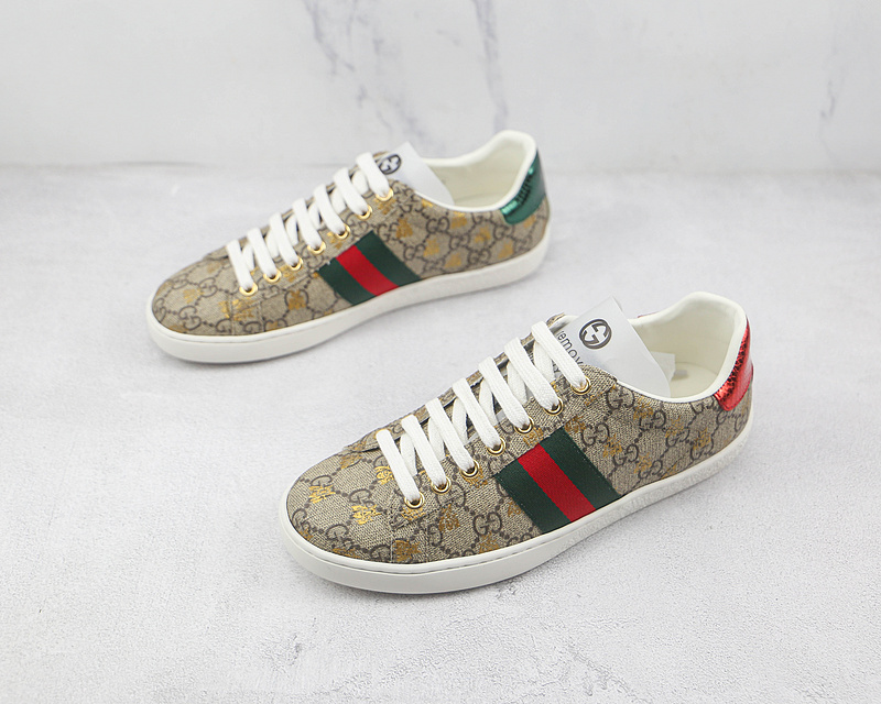 Gucci Ace Embroidered Low-Top Sneakers Khaki/Navy Blue/White 13