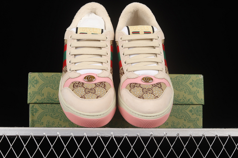 Gucci Distressed Screener Sneakers Beige/Green/Red-Pink 5