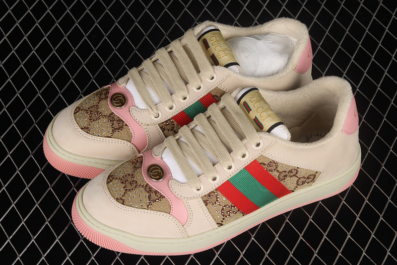 Gucci Distressed Screener Sneakers Beige/Green/Red-Pink 19