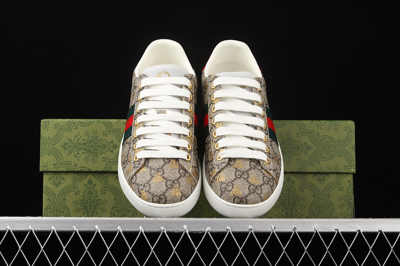 Gucci Ace Embroidered Low-Top Sneakers Khaki/Green/Red 15