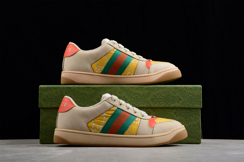 Gucci Distressed Screener Sneaker Beige/Green/Yellow-Red 27