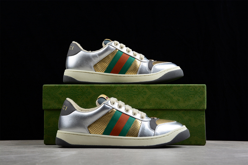 Gucci Distressed Screener Sneaker Silver/Gold/Green-Red 5