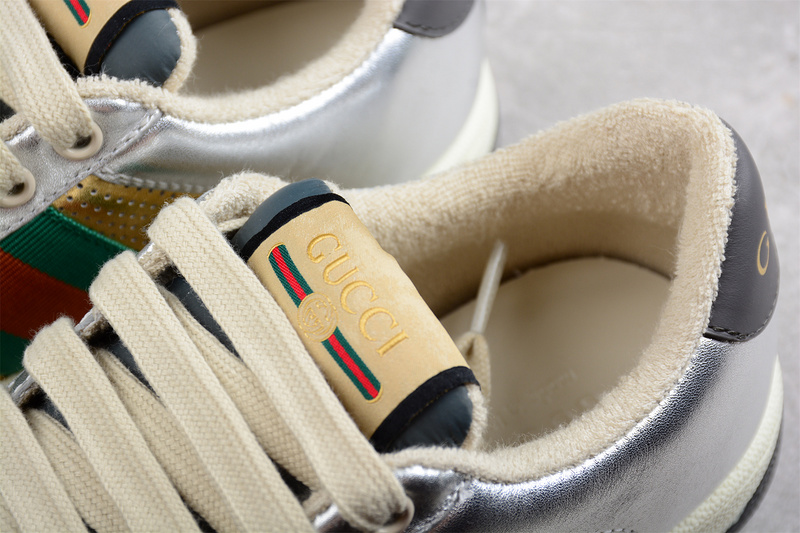 Gucci Distressed Screener Sneaker Silver/Gold/Green-Red 7