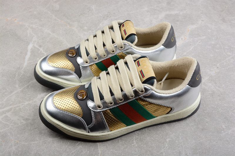 Gucci Distressed Screener Sneaker Silver/Gold/Green-Red 11