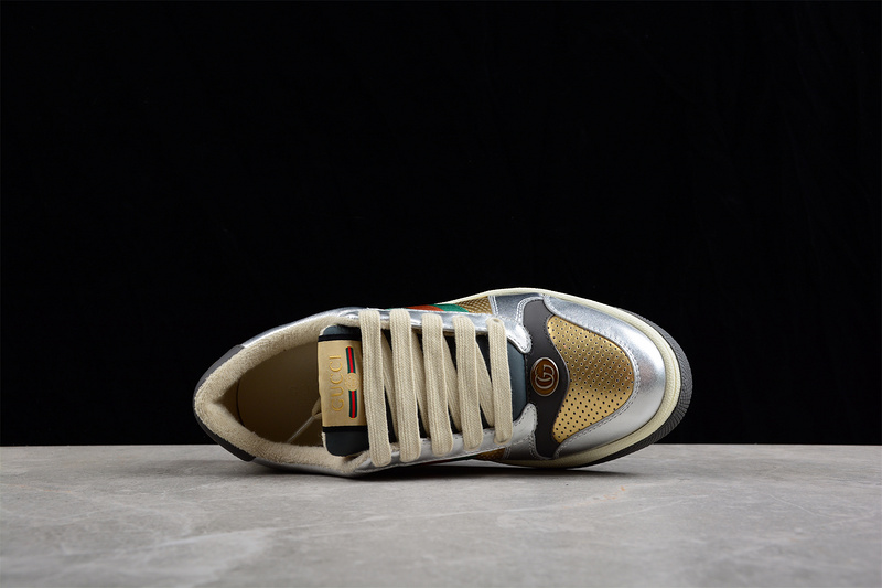 Gucci Distressed Screener Sneaker Silver/Gold/Green-Red 17