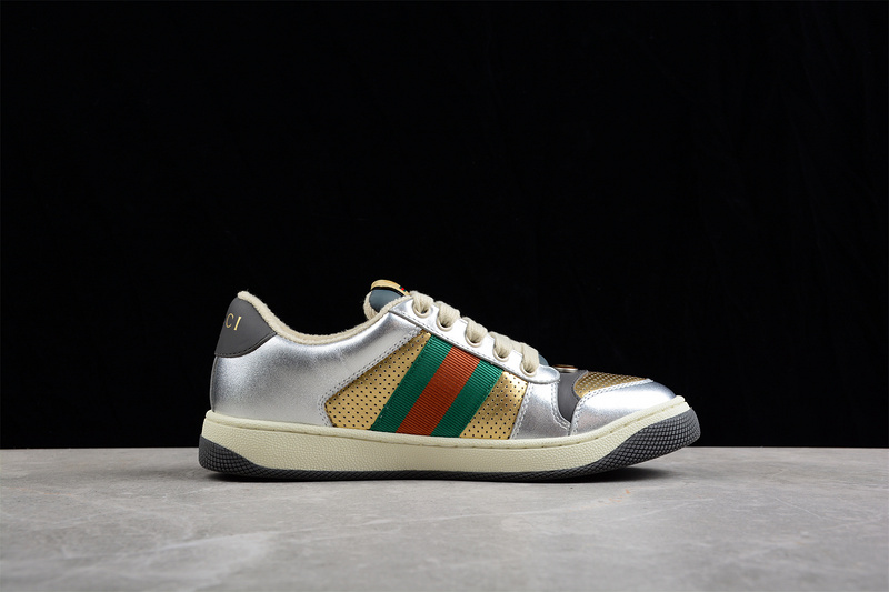 Gucci Distressed Screener Sneaker Silver/Gold/Green-Red 21