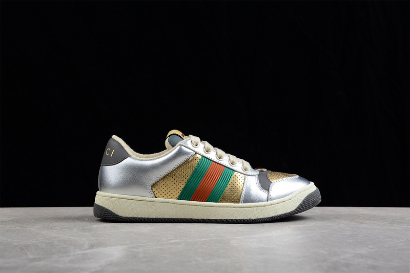 Gucci Distressed Screener Sneaker Silver/Gold/Green-Red 29