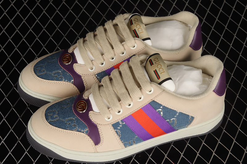 Gucci Distressed Screener Sneakers Beige/Blue/Purple-Red 9