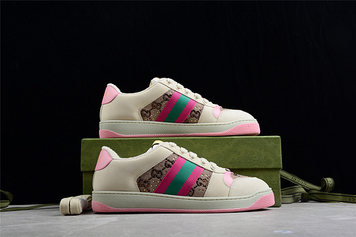 Gucci Distressed Screener Sneaker Beige/Pink/Green 9