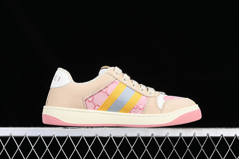 Gucci Distressed Screener Sneaker White/Broen/Pink/Yellow/Green 9