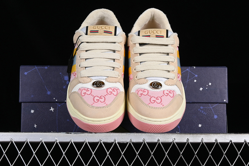 Gucci Distressed Screener Sneaker White/Broen/Pink/Yellow/Green 23