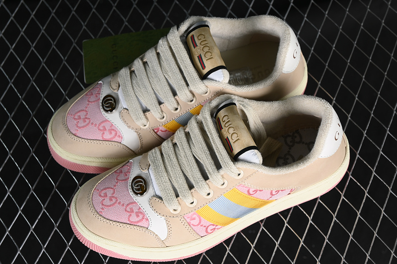 Gucci Distressed Screener Sneaker White/Broen/Pink/Yellow/Green 31