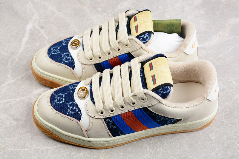 Gucci Distressed Screener Sneaker Beige/Navy Blue/Red 17