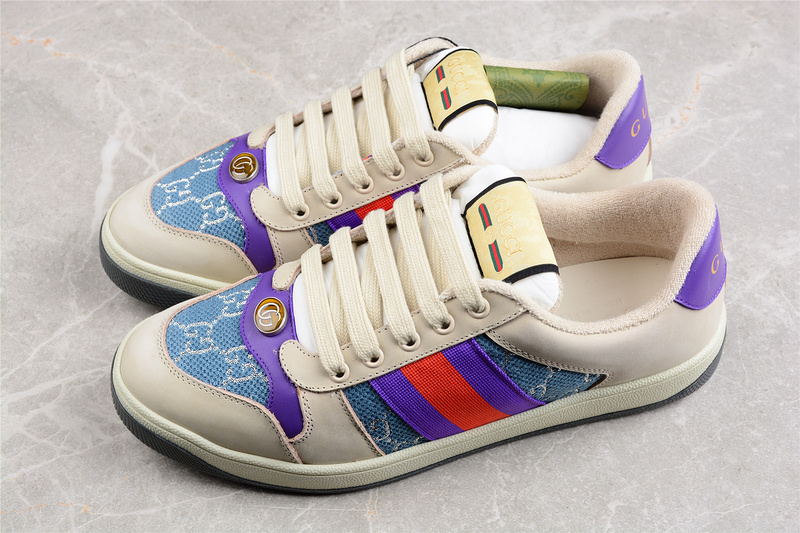 Gucci Distressed Screener Sneaker Beige/Purple/Red 25