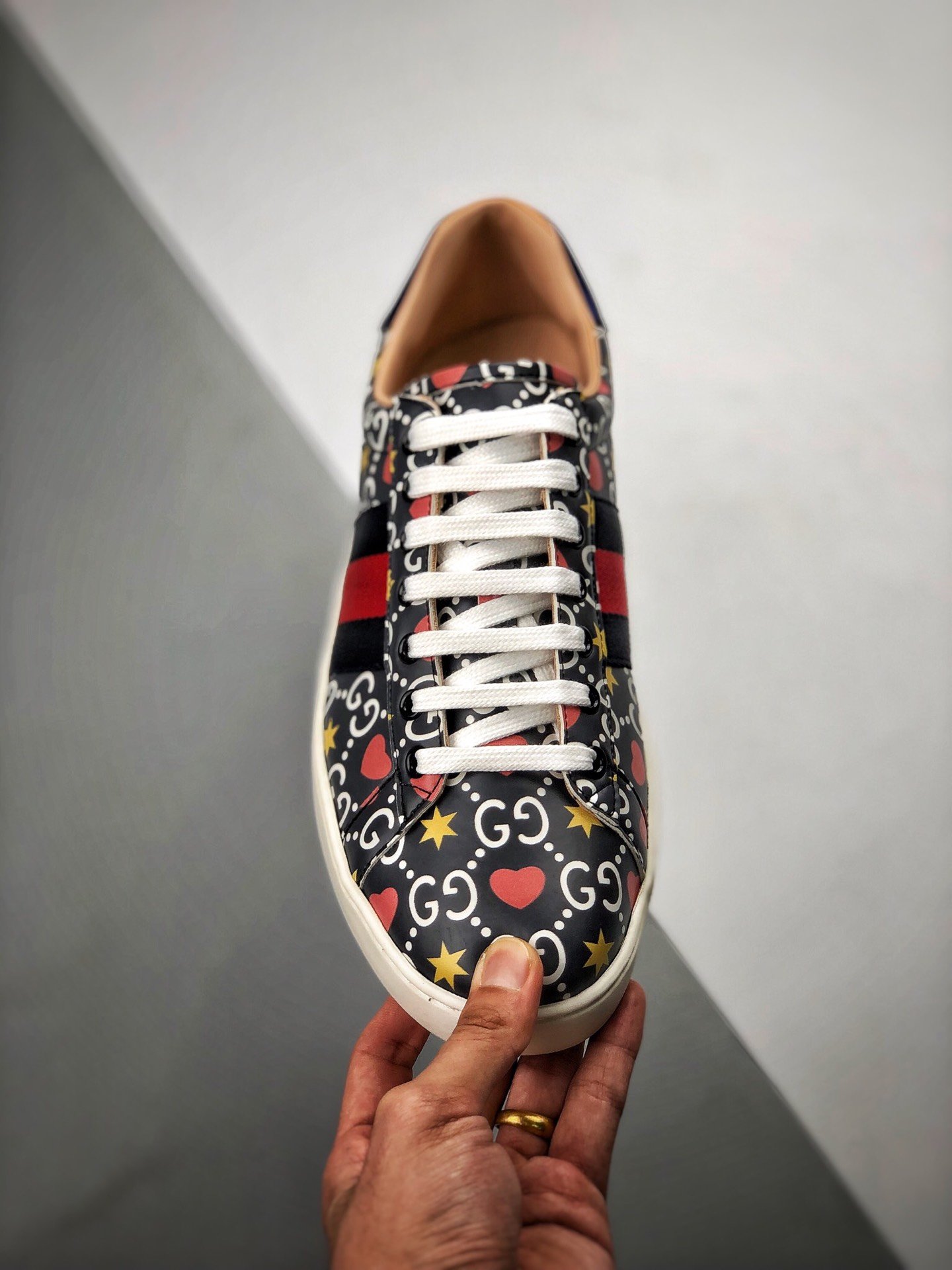 Gucci Ace Embroidered Low-Top Sneaker Black/Navy Blue/Red 3