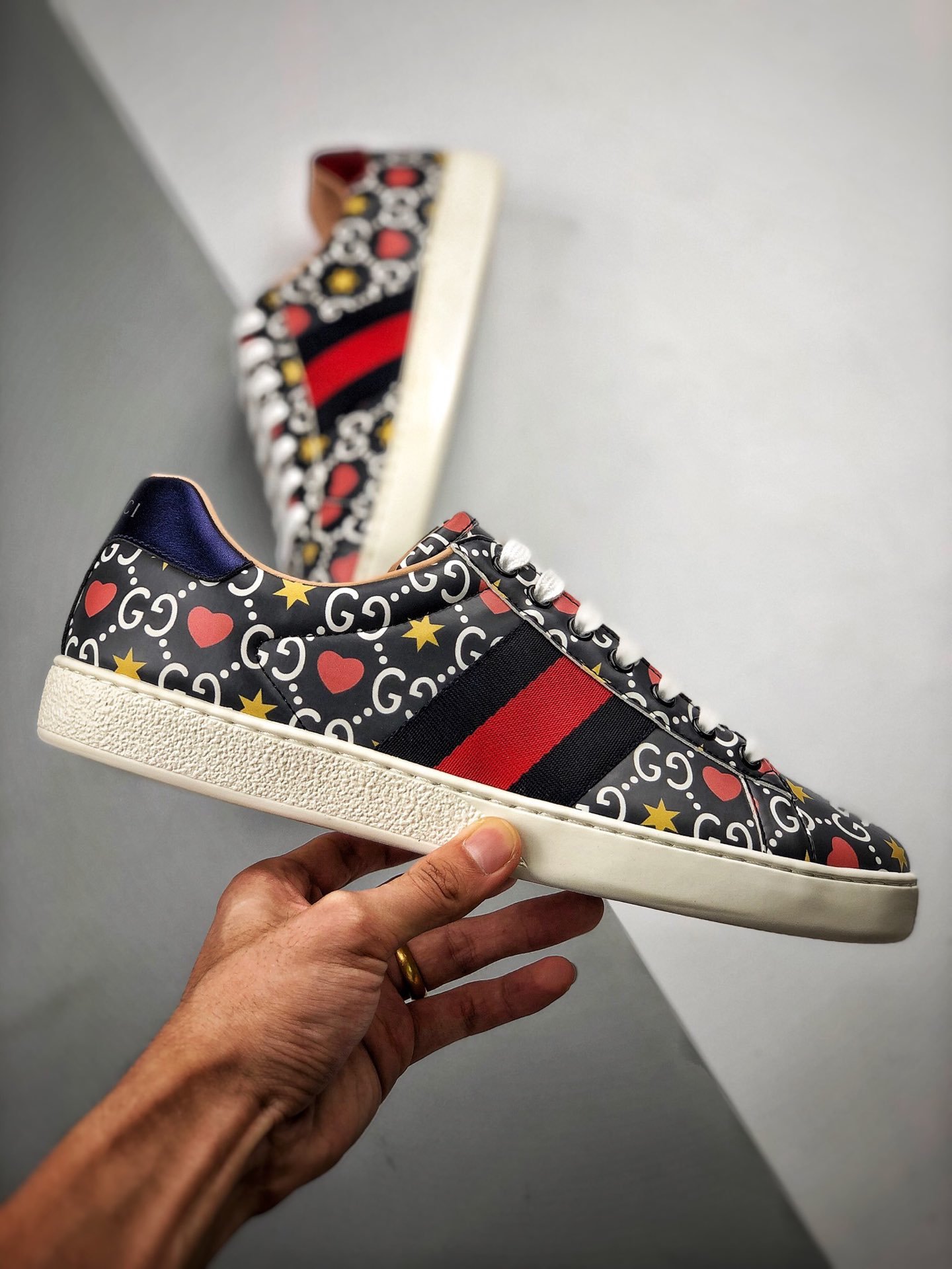 Gucci Ace Embroidered Low-Top Sneaker Black/Navy Blue/Red 7