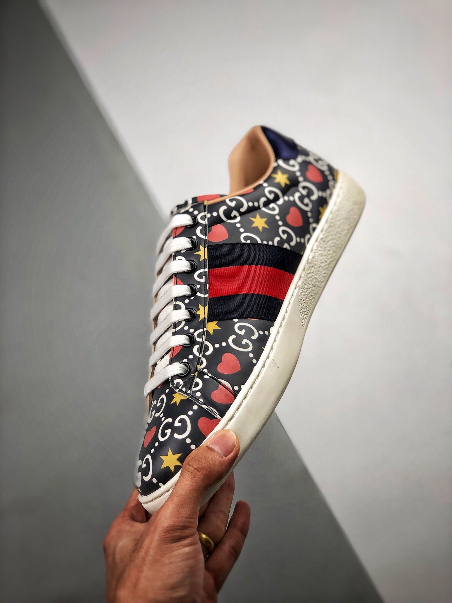 Gucci Ace Embroidered Low-Top Sneaker Black/Navy Blue/Red 9