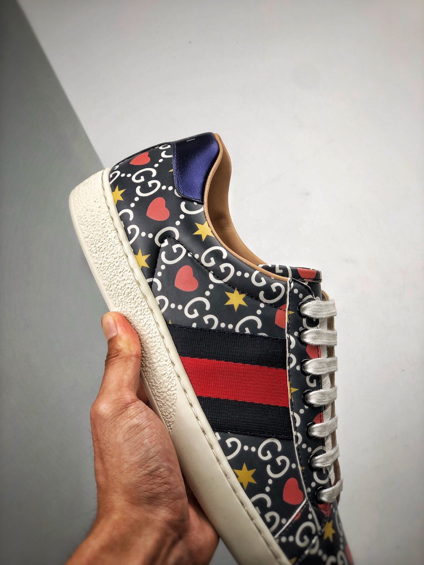 Gucci Ace Embroidered Low-Top Sneaker Black/Navy Blue/Red 13