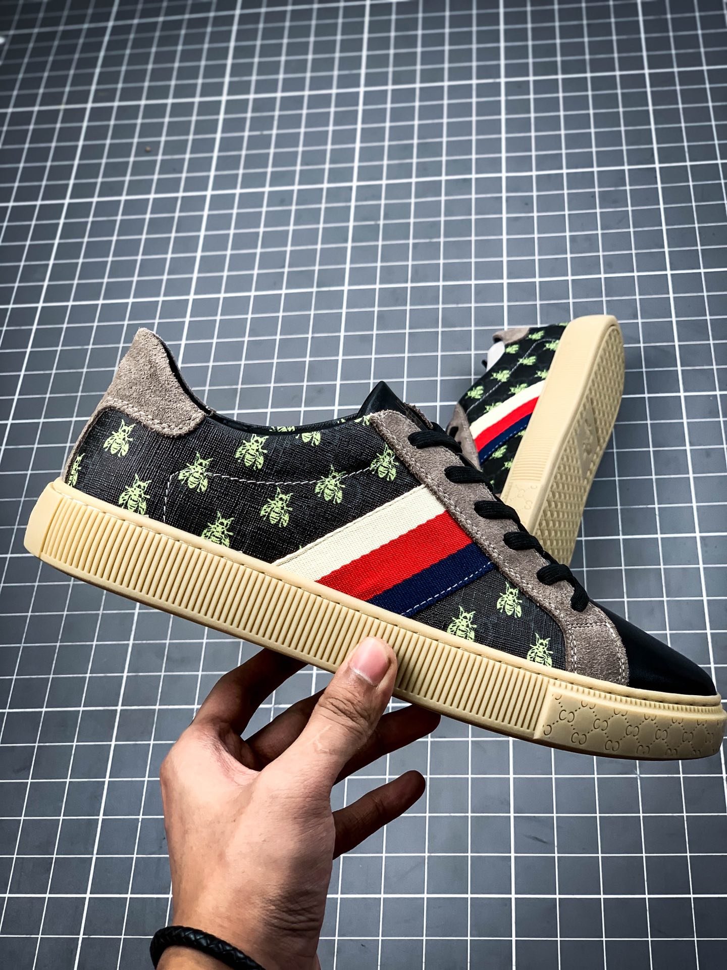 Gucci Ace Embroidered Low-Top Sneaker Black/Blue/Red 3