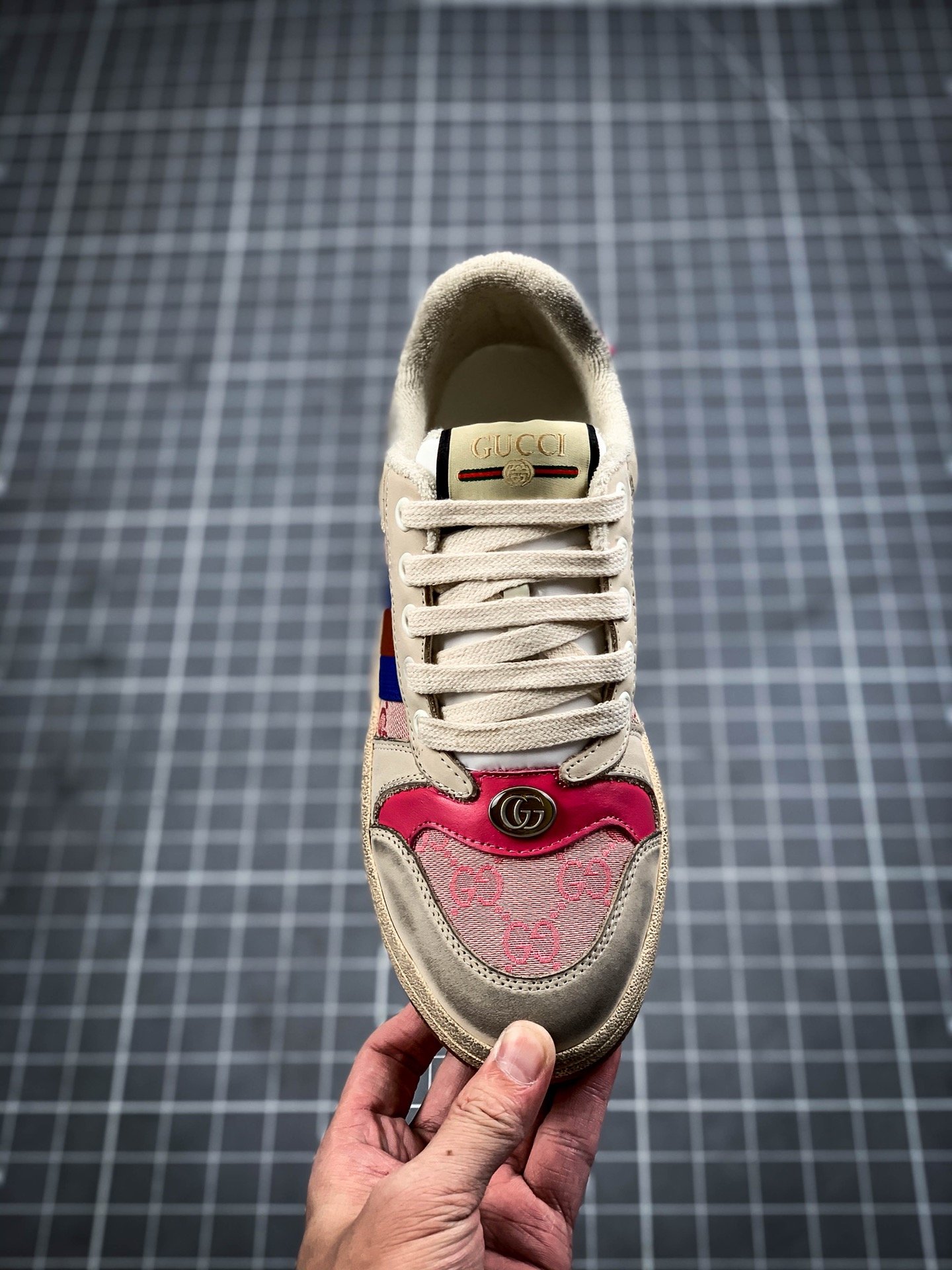 Gucci Distressed Leather Sneaker Light Grey/Blue/Red 3