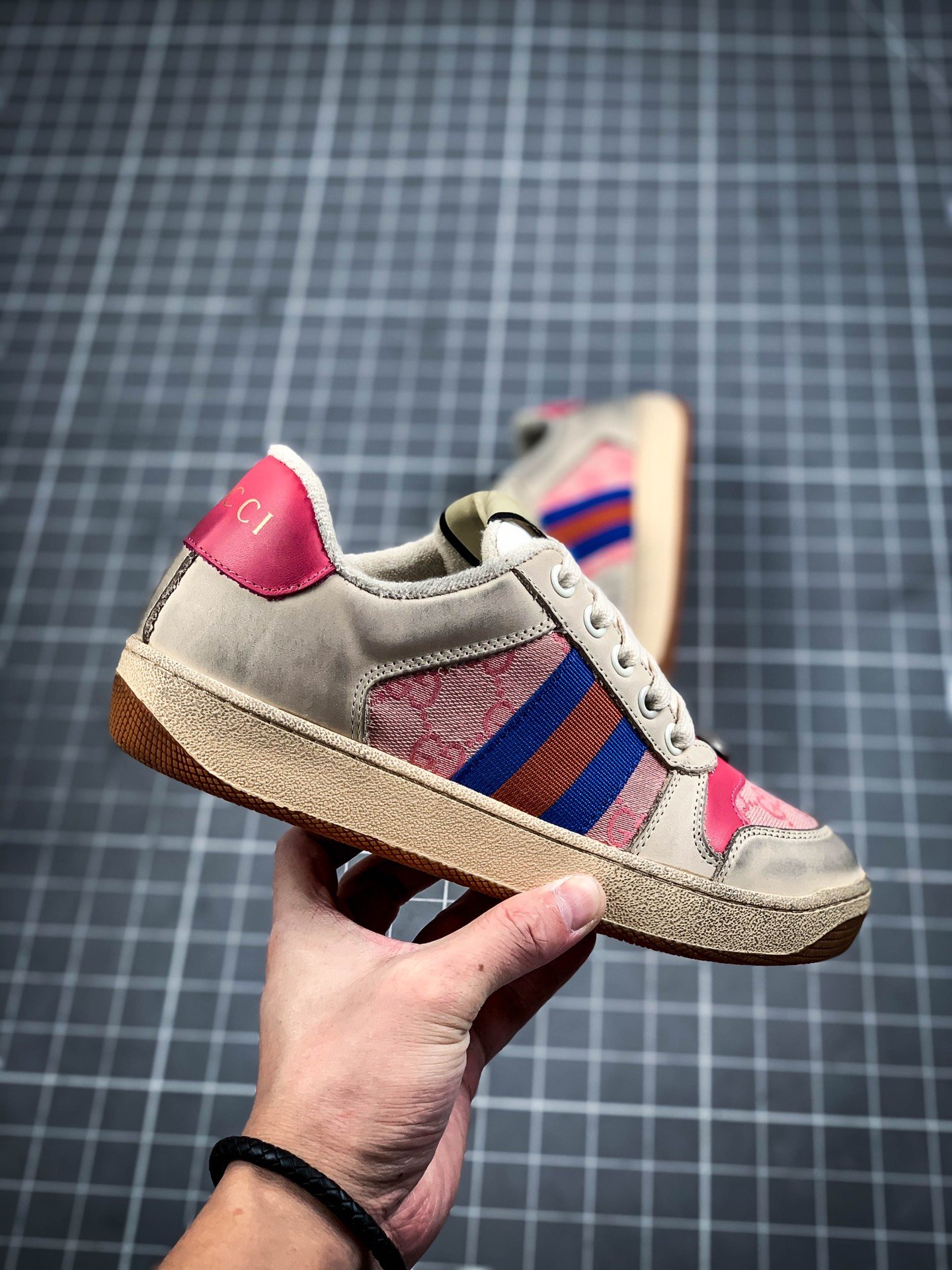 Gucci Distressed Leather Sneaker Light Grey/Blue/Red 9