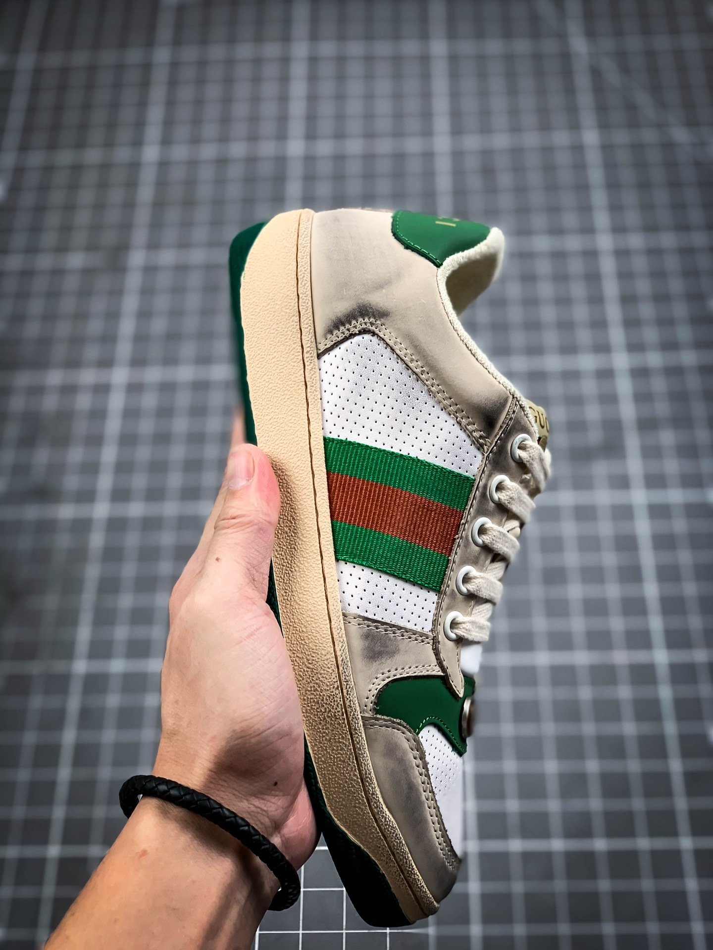 Gucci Distressed Leather Sneaker Light Grey/Green/Red 7