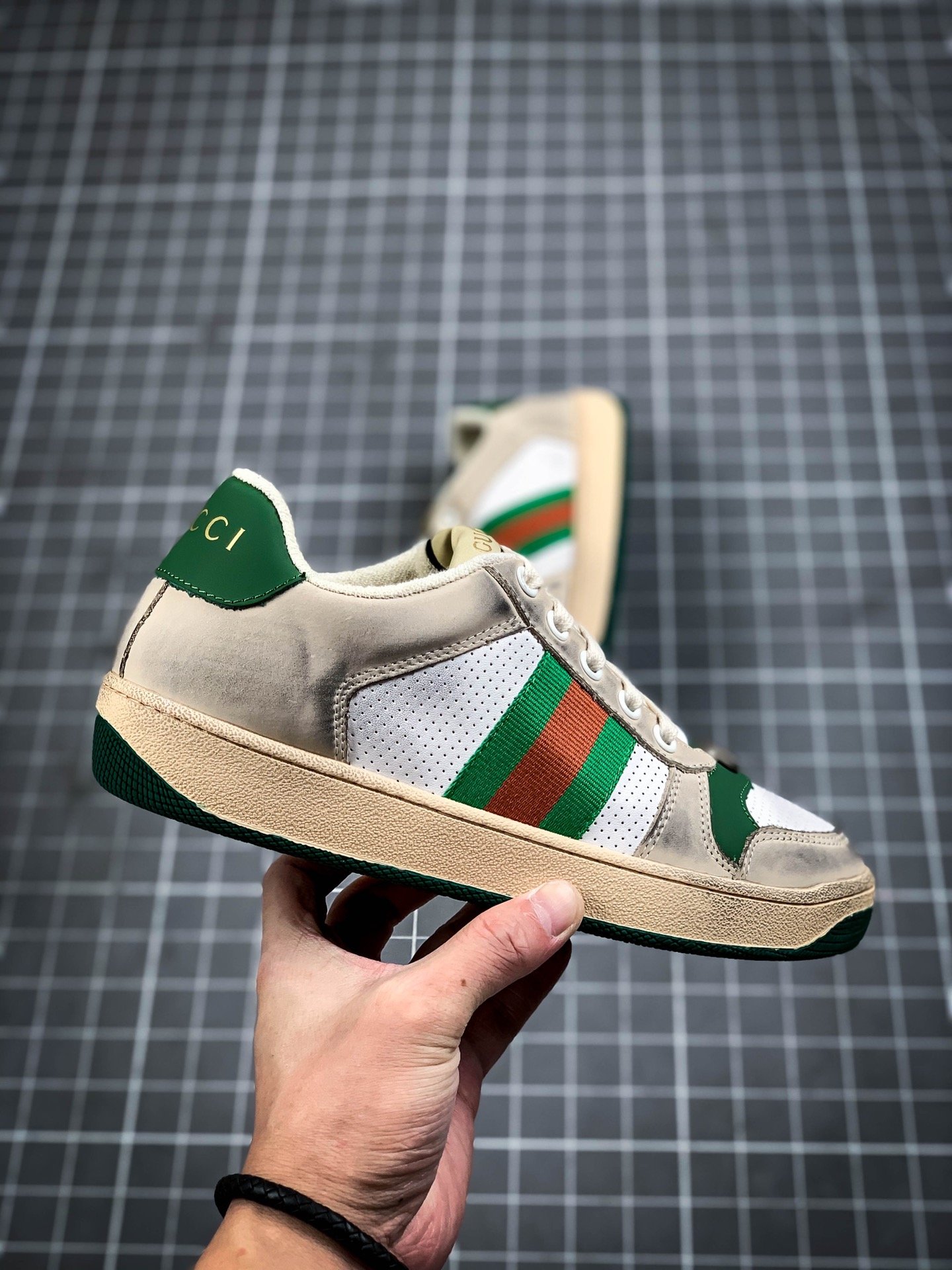 Gucci Distressed Leather Sneaker Light Grey/Green/Red 11