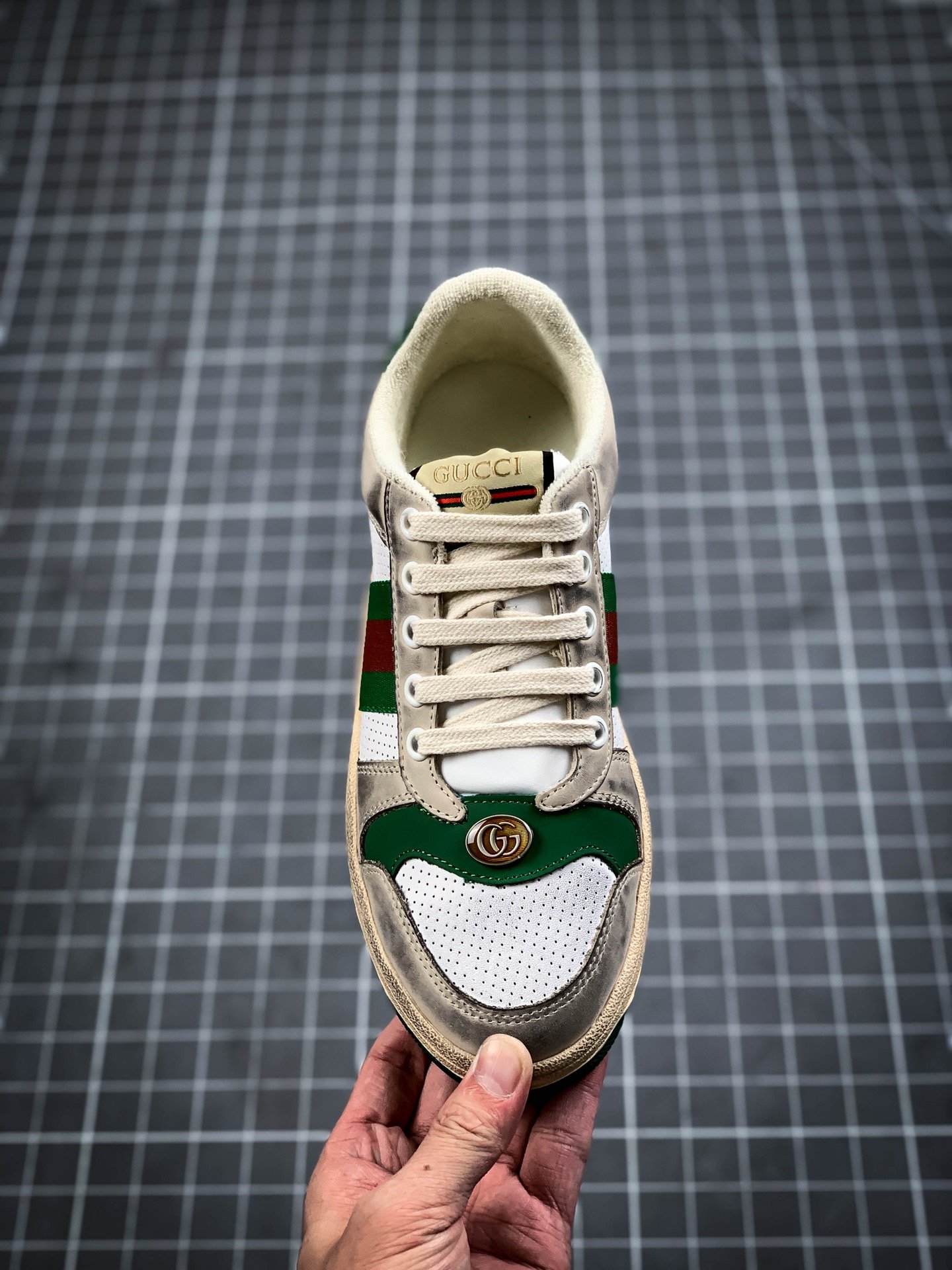 Gucci Distressed Leather Sneaker Light Grey/Green/Red 13