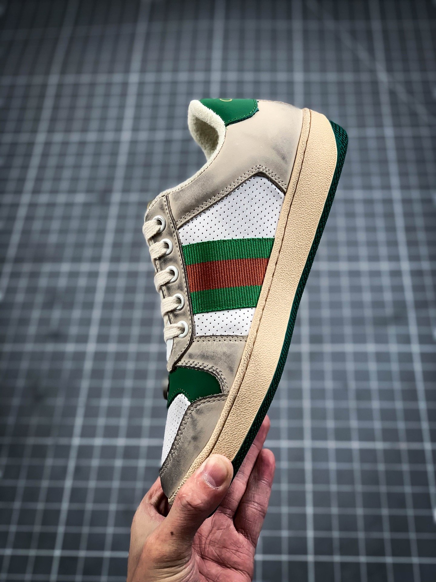 Gucci Distressed Leather Sneaker Light Grey/Green/Red 15