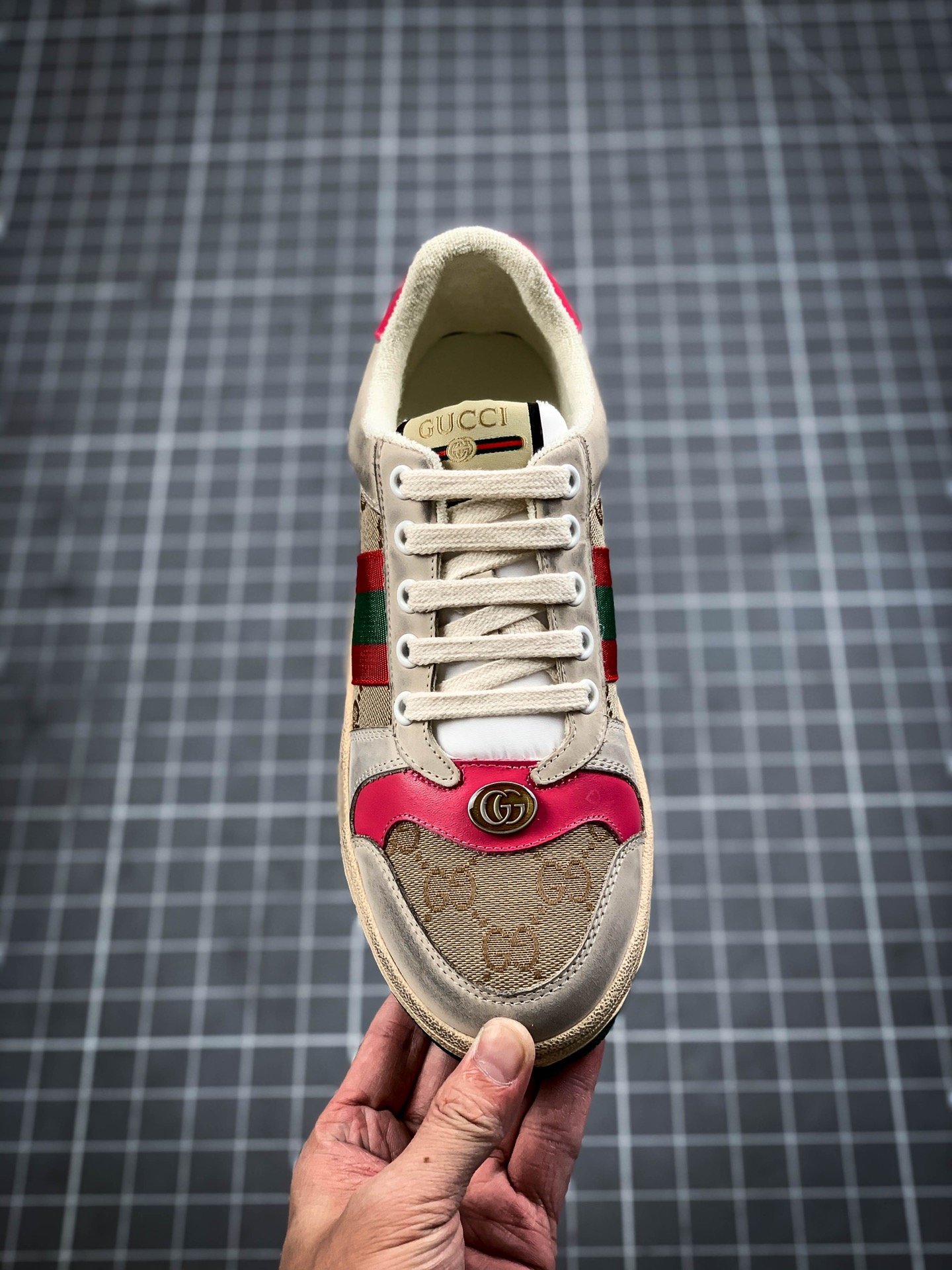 Gucci Distressed Leather Sneaker Light Khaki/Green/Red 3