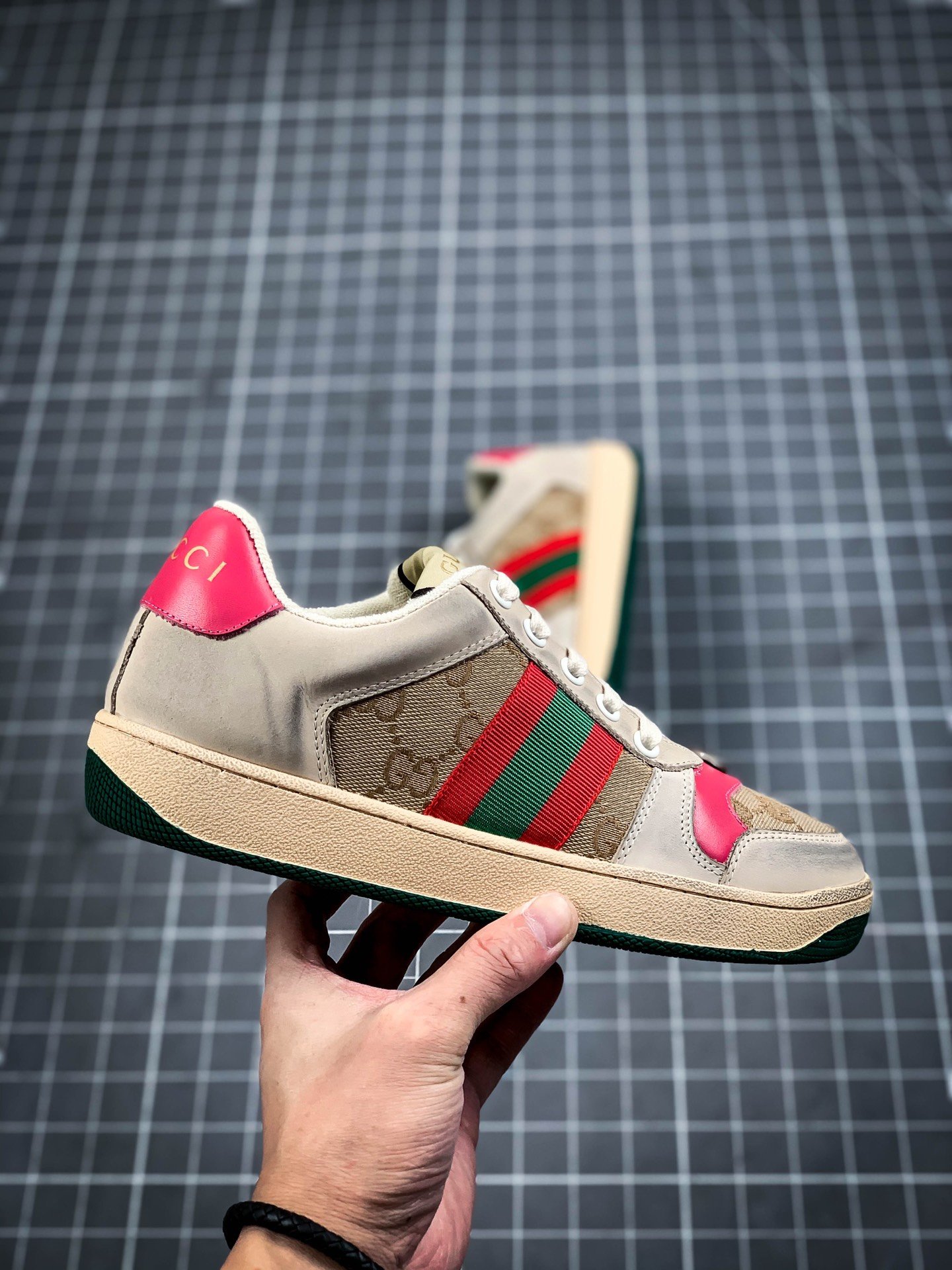 Gucci Distressed Leather Sneaker Light Khaki/Green/Red 9