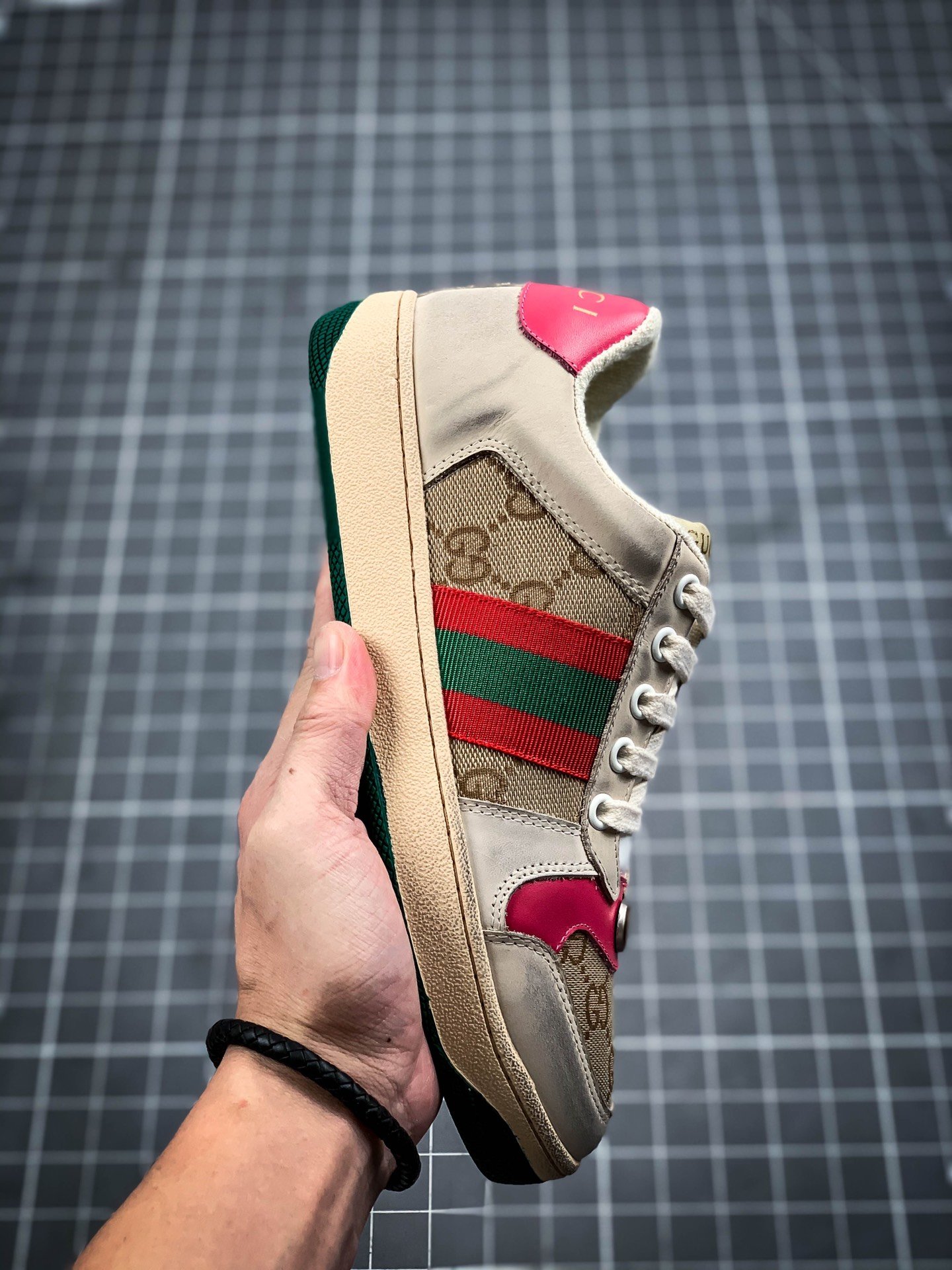 Gucci Distressed Leather Sneaker Light Khaki/Green/Red 15