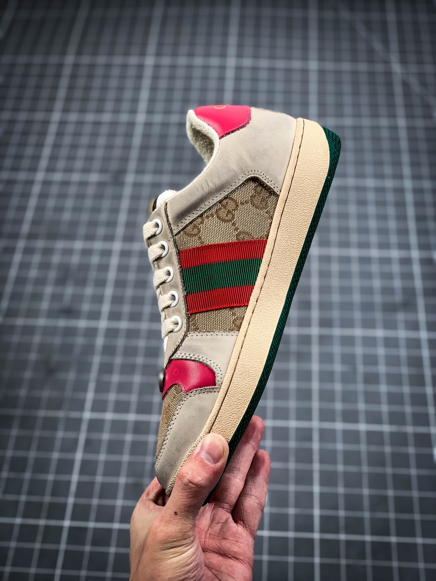 Gucci Distressed Leather Sneaker Light Khaki/Green/Red 17