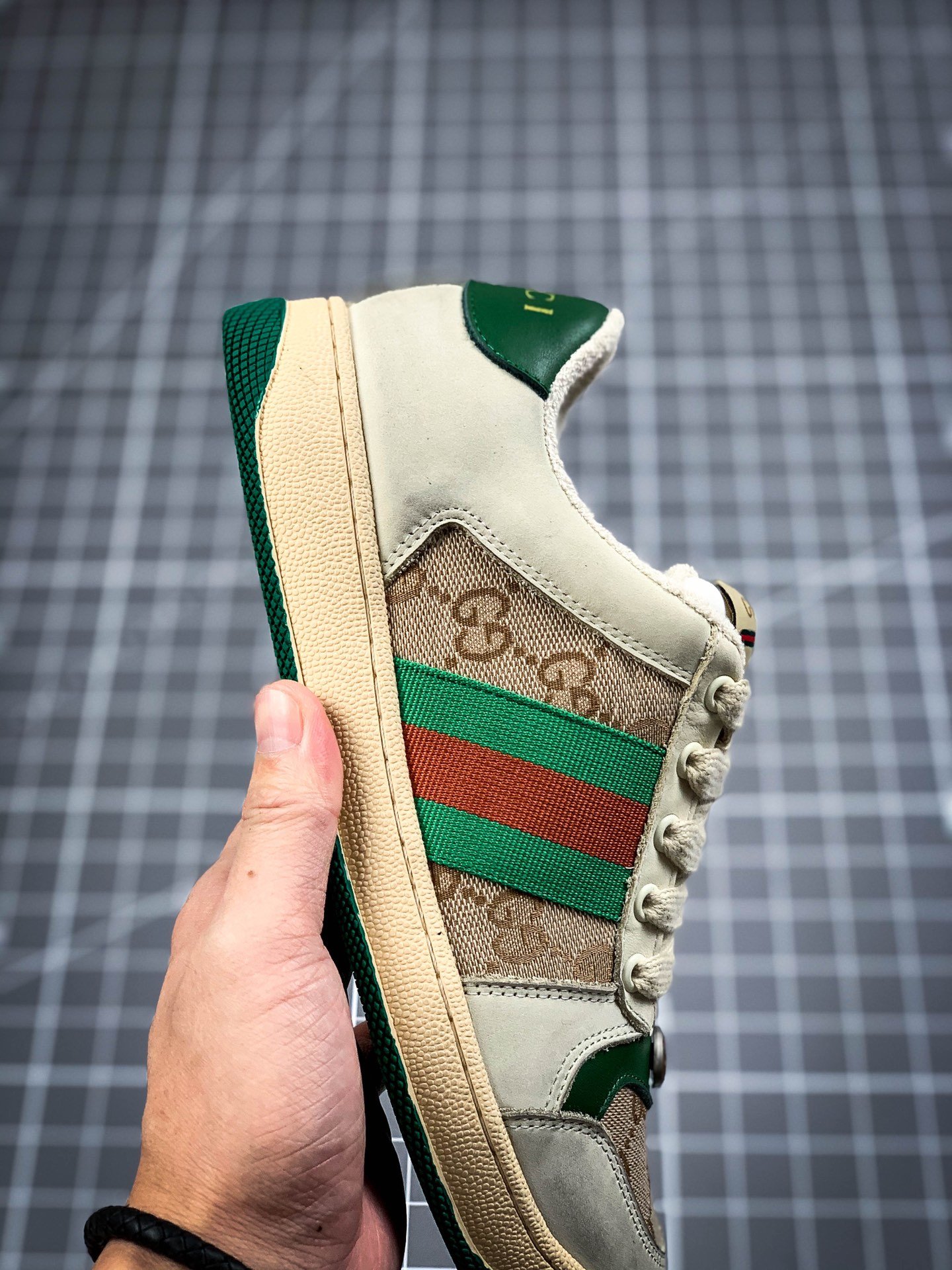 Gucci Distressed Leather Sneaker Beige/Red/Green 13