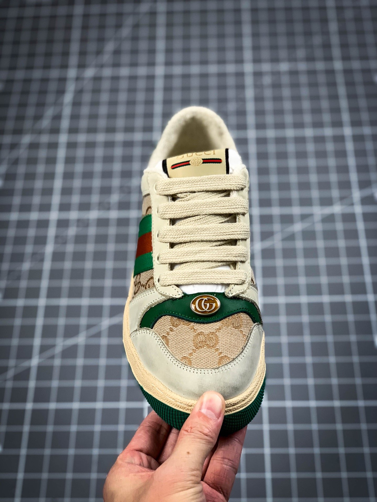 Gucci Distressed Leather Sneaker Beige/Red/Green 15