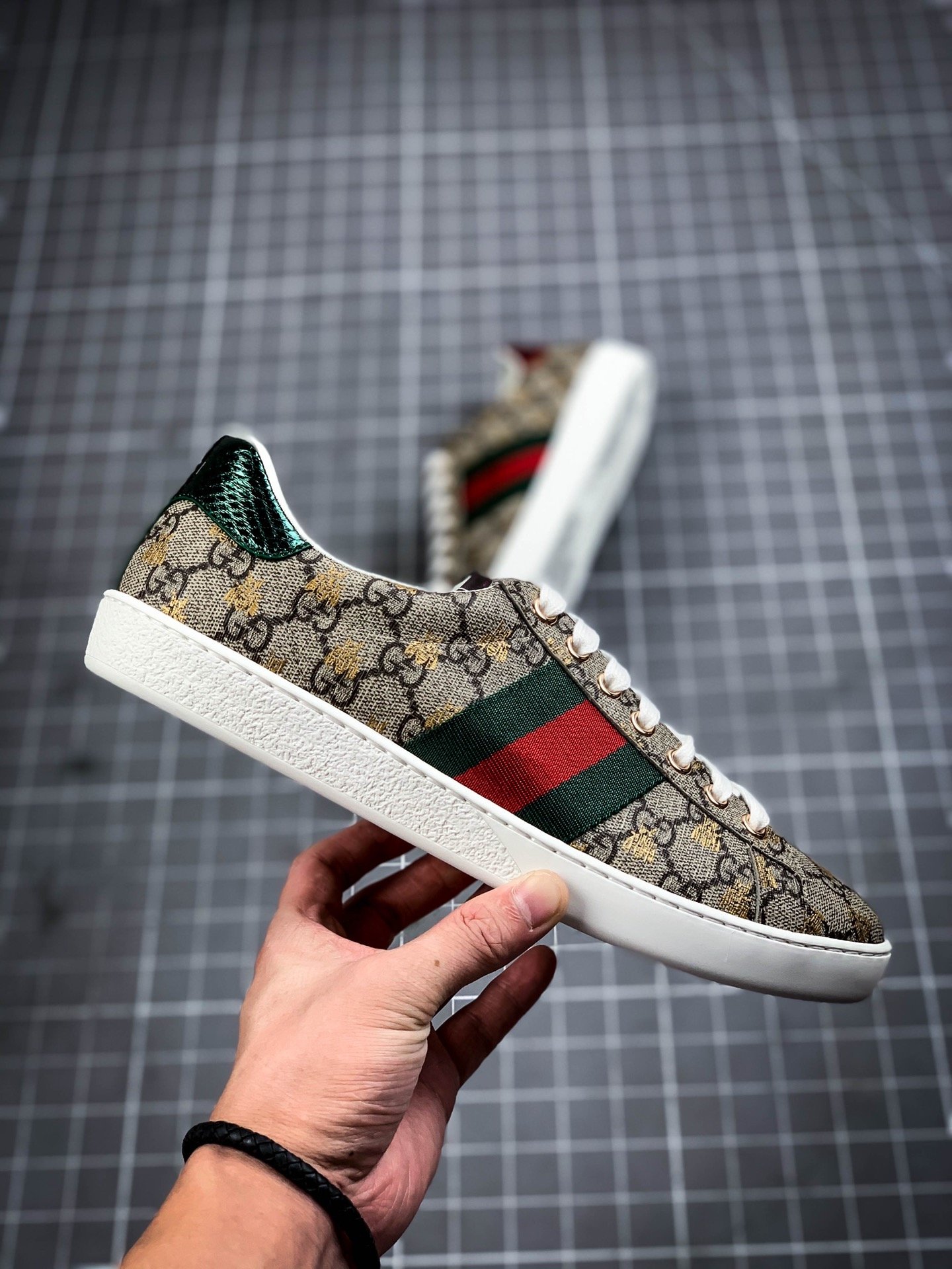 Gucci Ace Embroidered Low-Top Dark Khaki/Navy Blue/Red-White 11