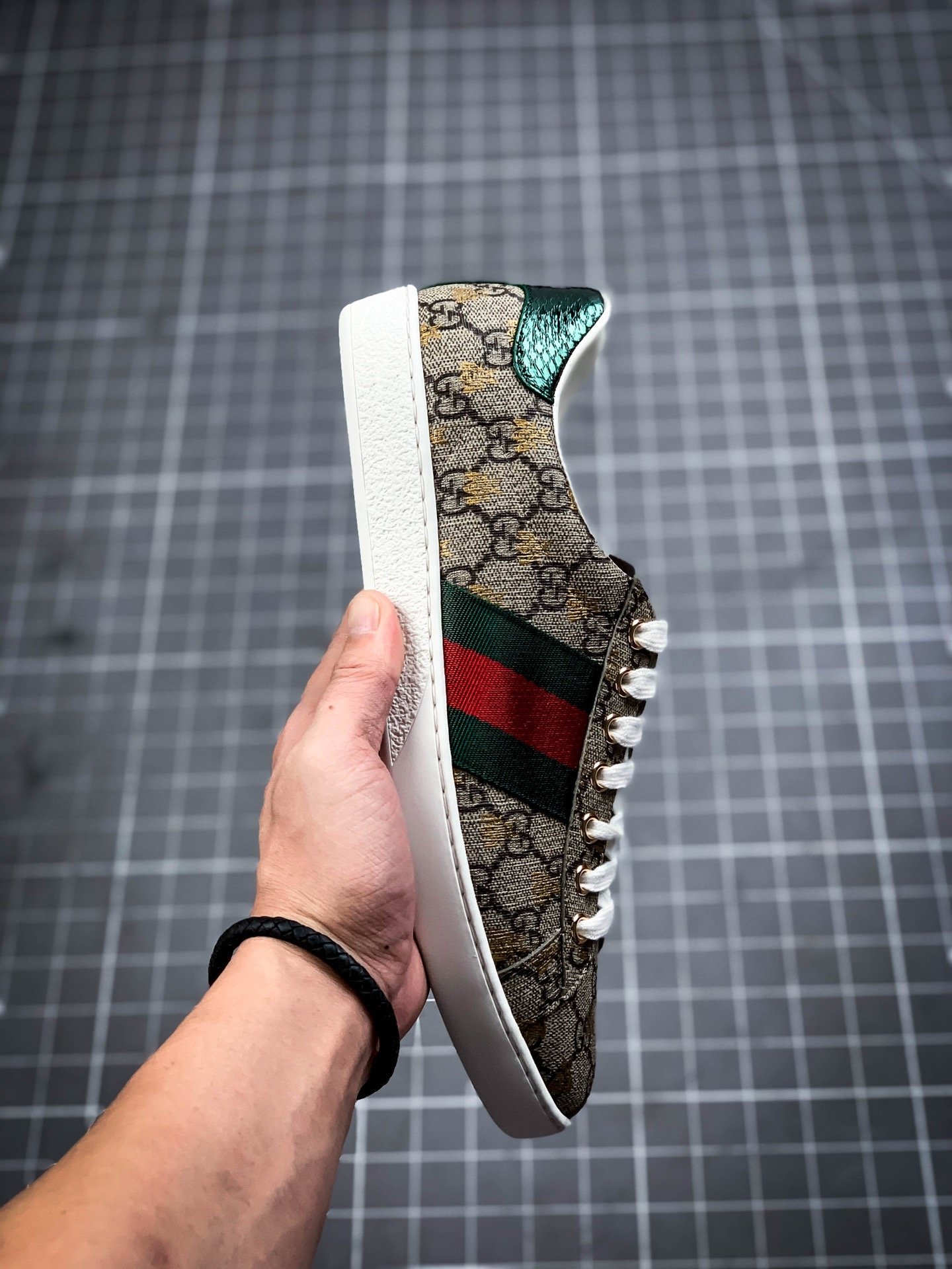 Gucci Ace Embroidered Low-Top Dark Khaki/Navy Blue/Red-White 17