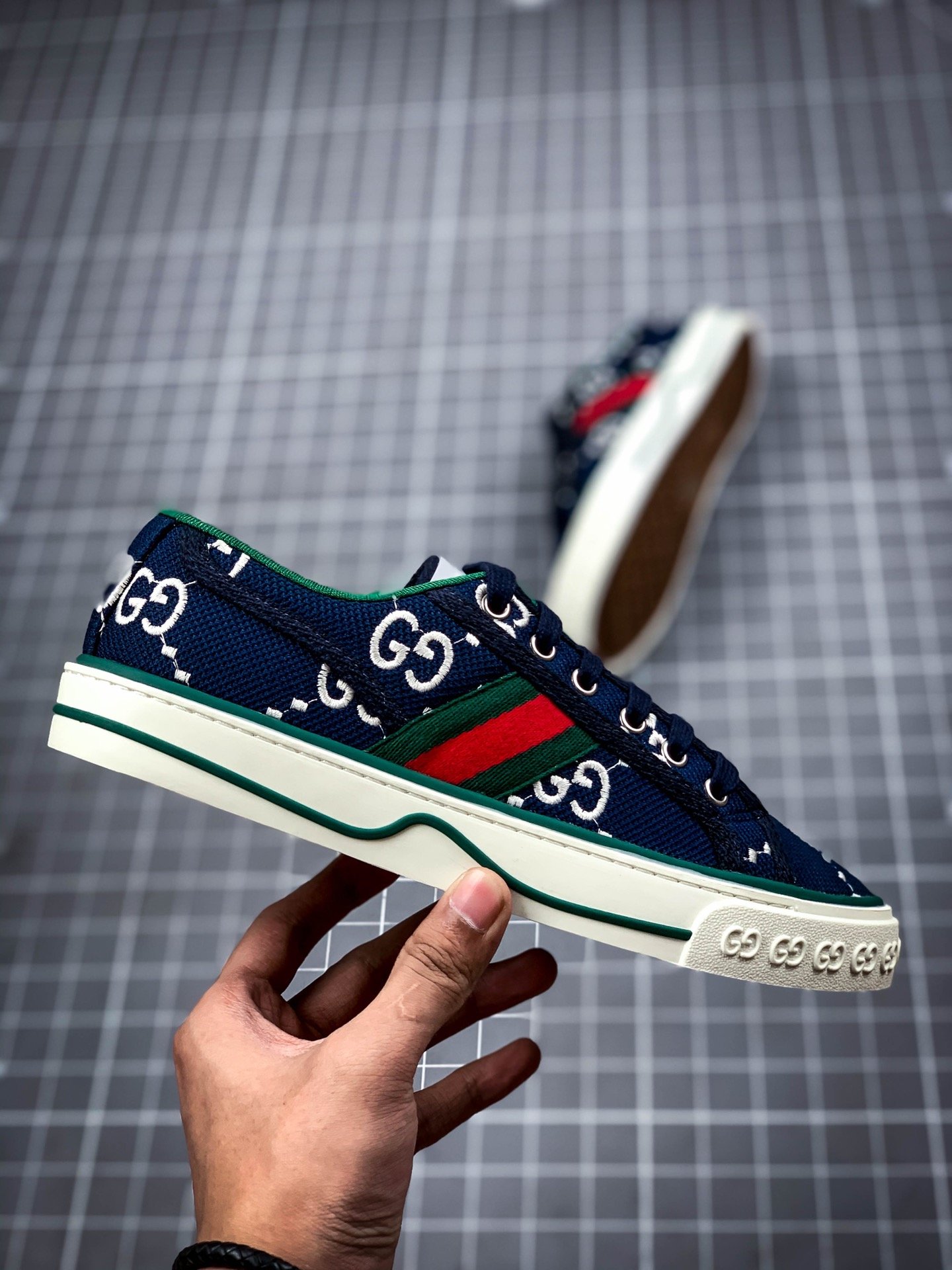 Gucci Tennis 1977 Print Sneaker Navy Blue/White/Green 3