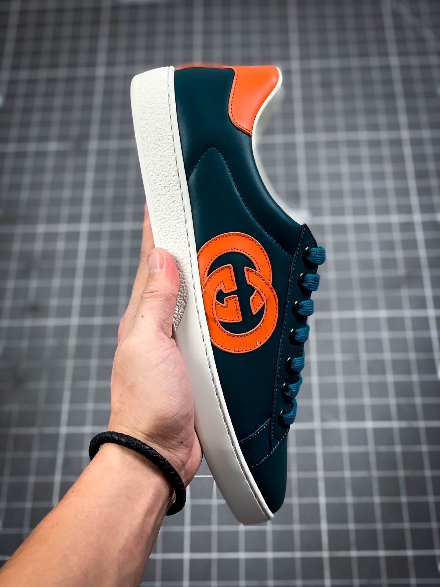 Gucci Ace Embroidered Low-Top Sneaker Navy Blue/White/Orange 11