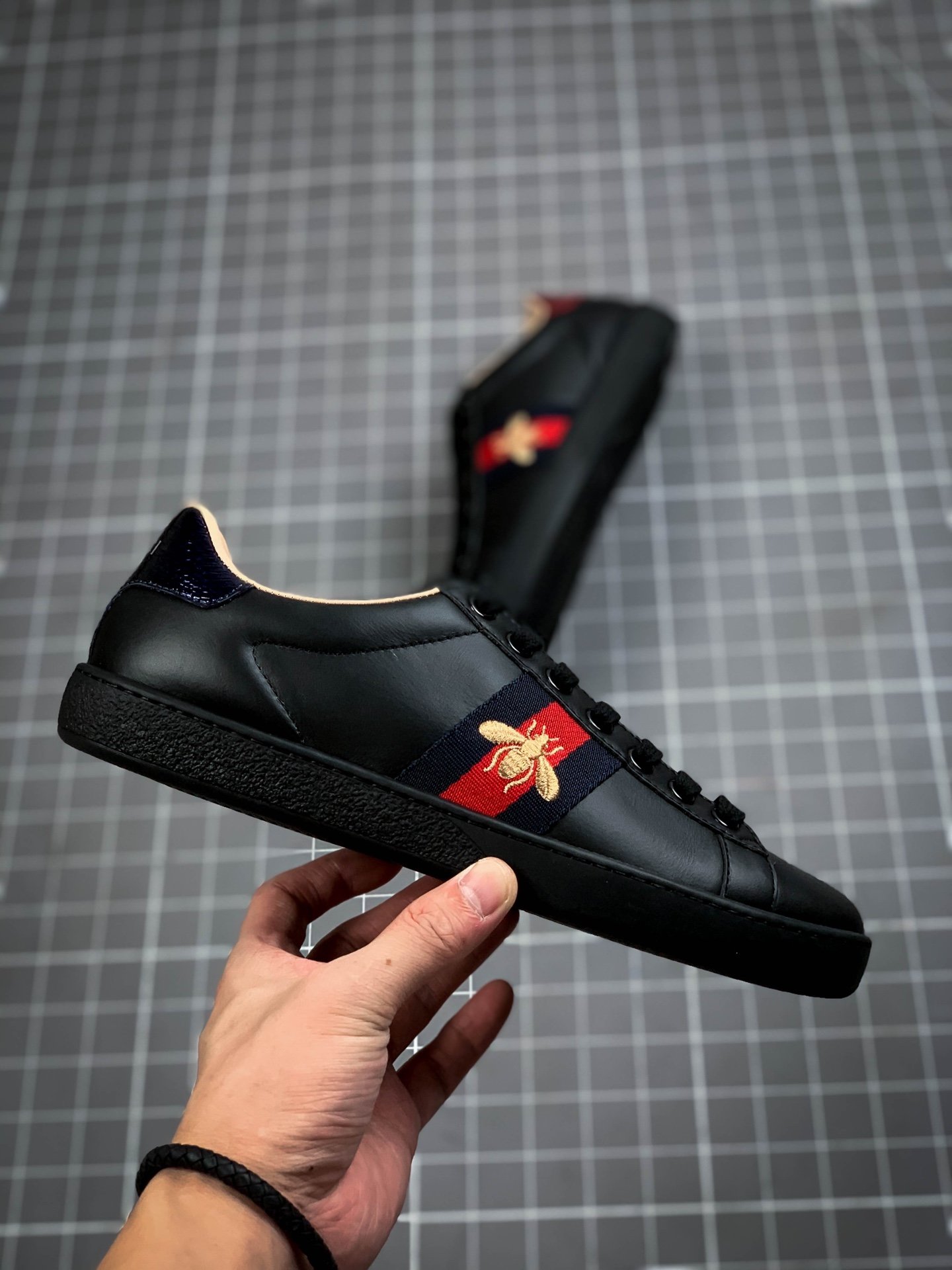 Gucci Ace Embroidered Low-Top Sneaker Black/Gold/Red 3