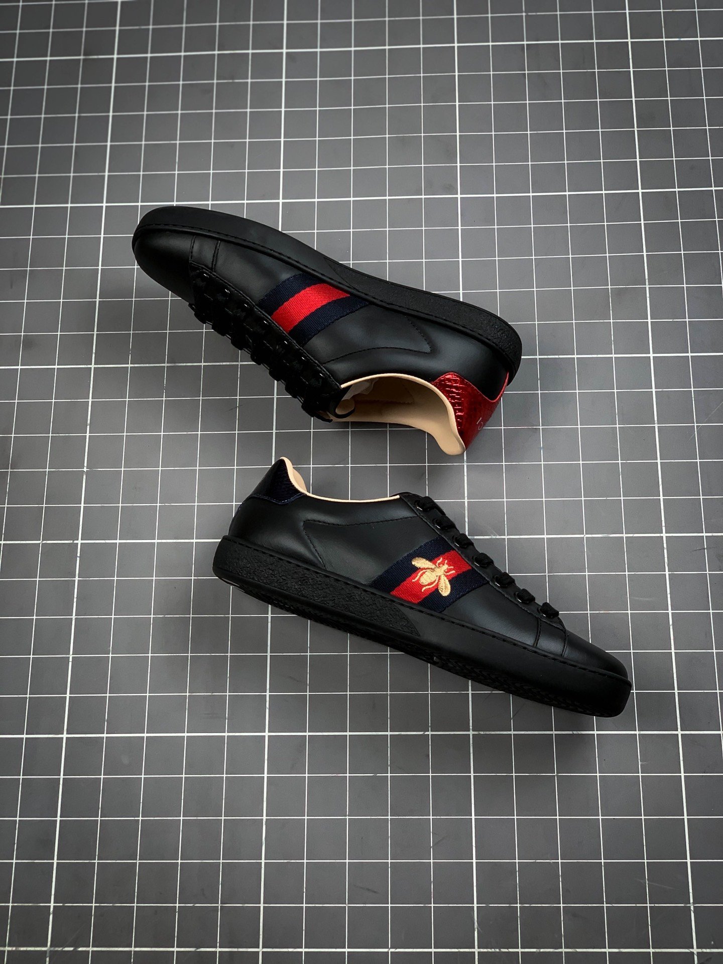 Gucci Ace Embroidered Low-Top Sneaker Black/Gold/Red 7