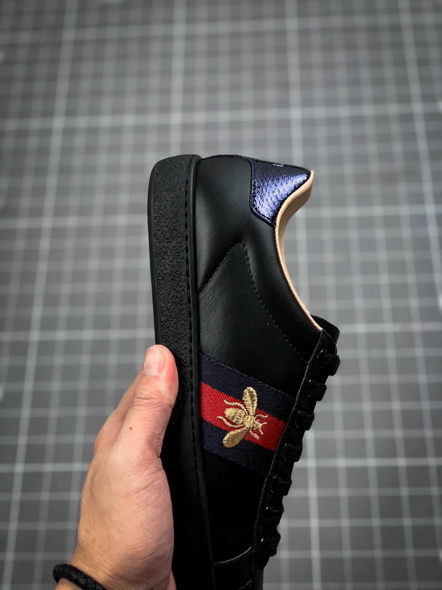 Gucci Ace Embroidered Low-Top Sneaker Black/Gold/Red 11