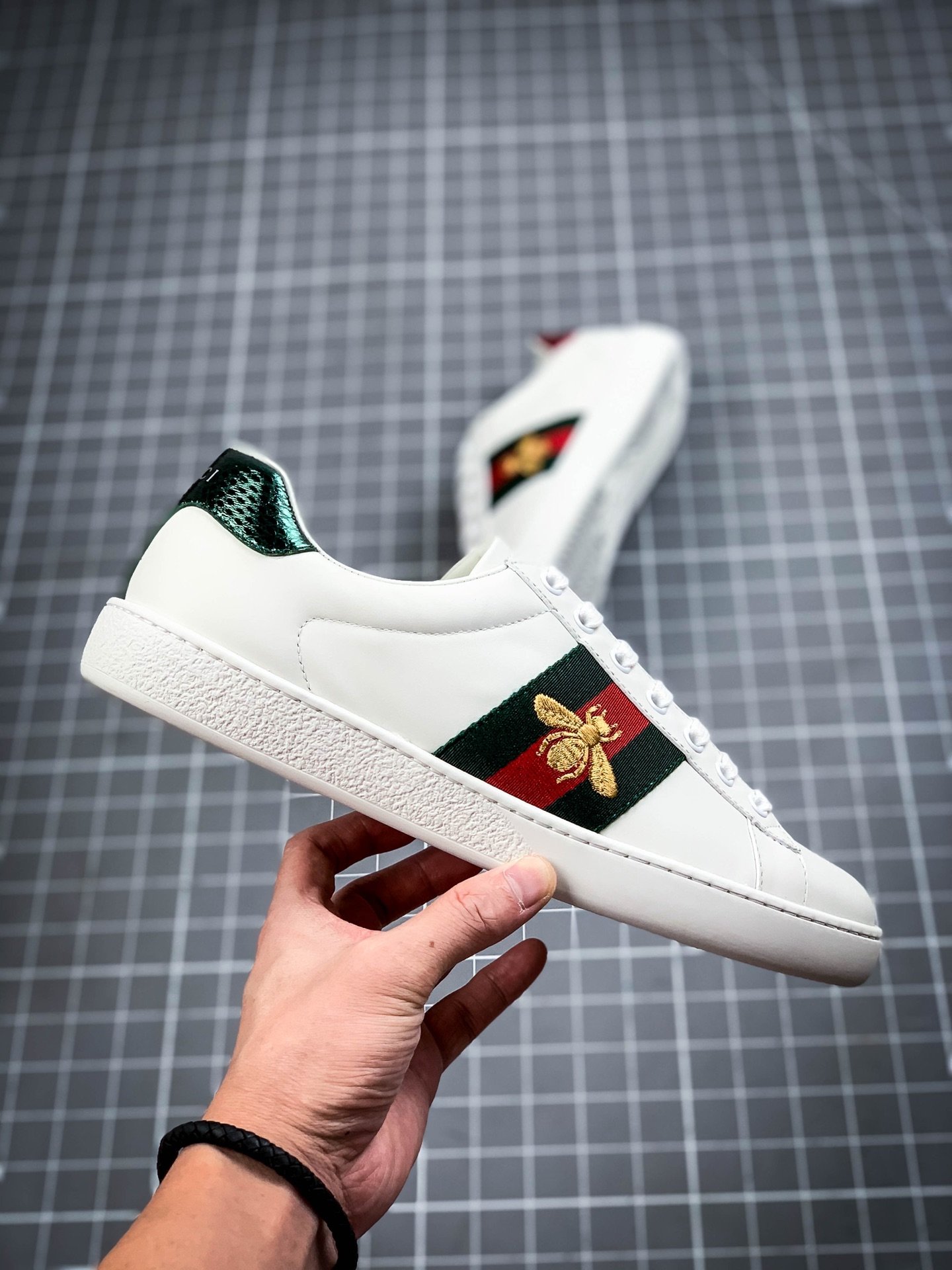 Gucci Ace Embroidered Low-Top Sneaker White/Navy Blue/Red-Gold 7