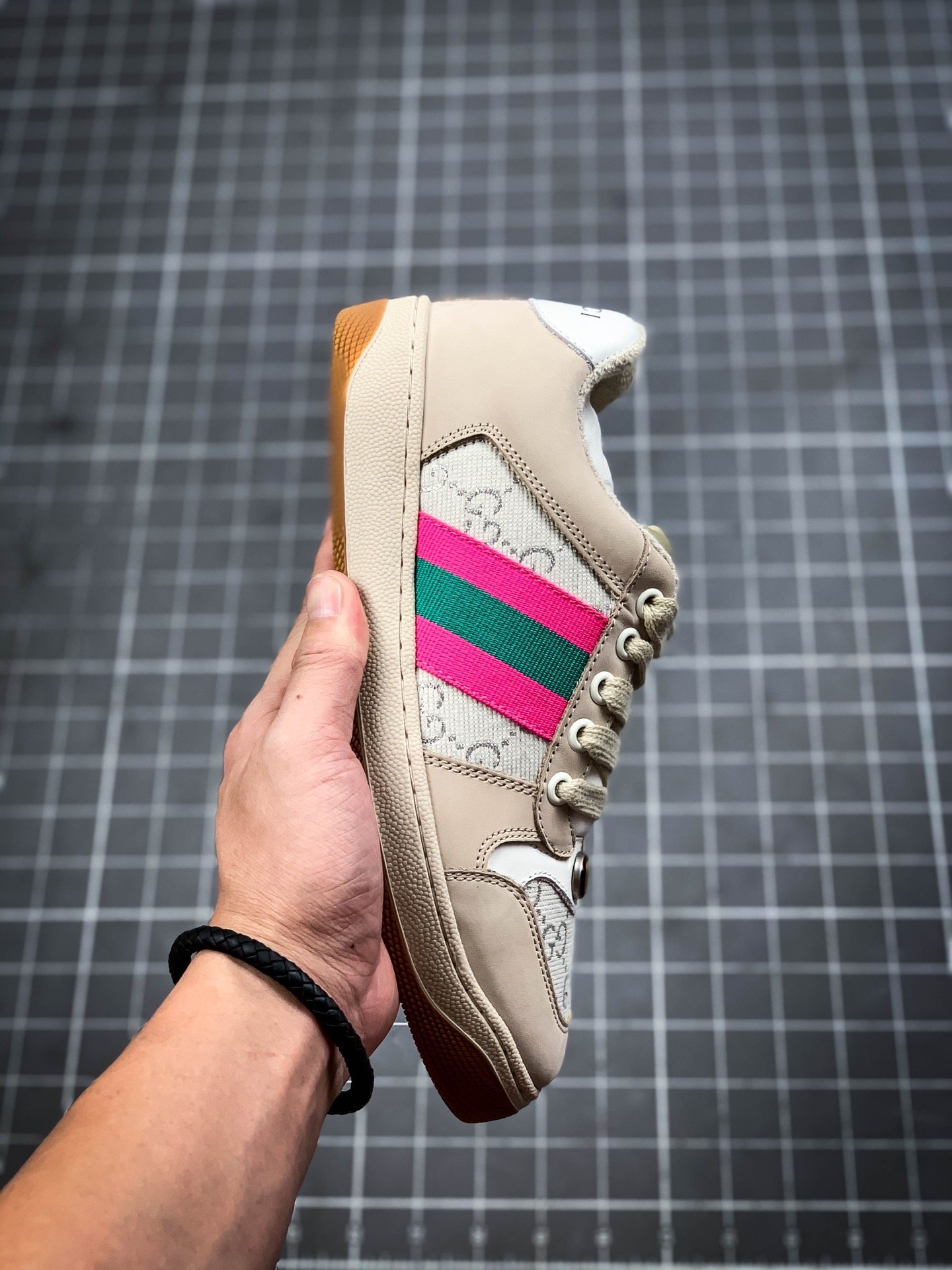 Gucci Distressed Screener Sneaker Beige/Pink/Blue 7