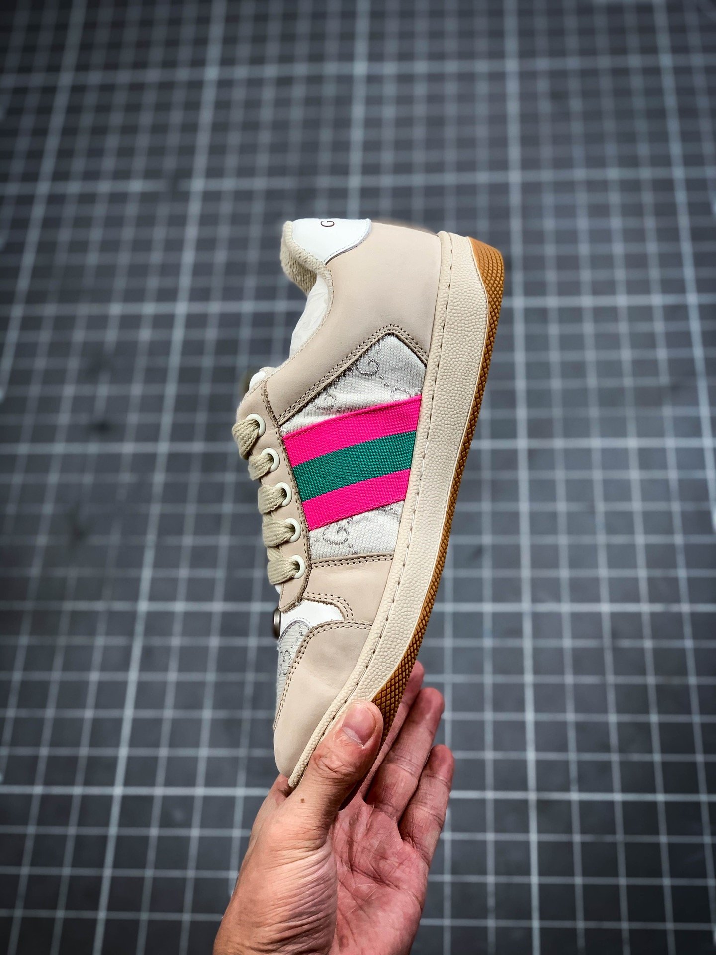 Gucci Distressed Screener Sneaker Beige/Pink/Blue 13