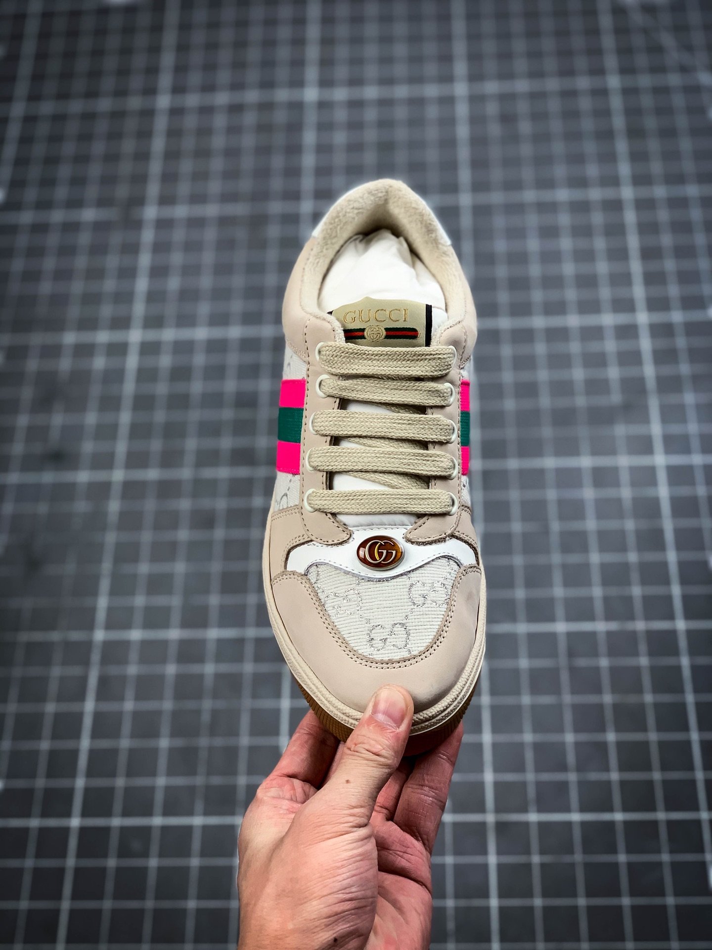 Gucci Distressed Screener Sneaker Beige/Pink/Blue 15