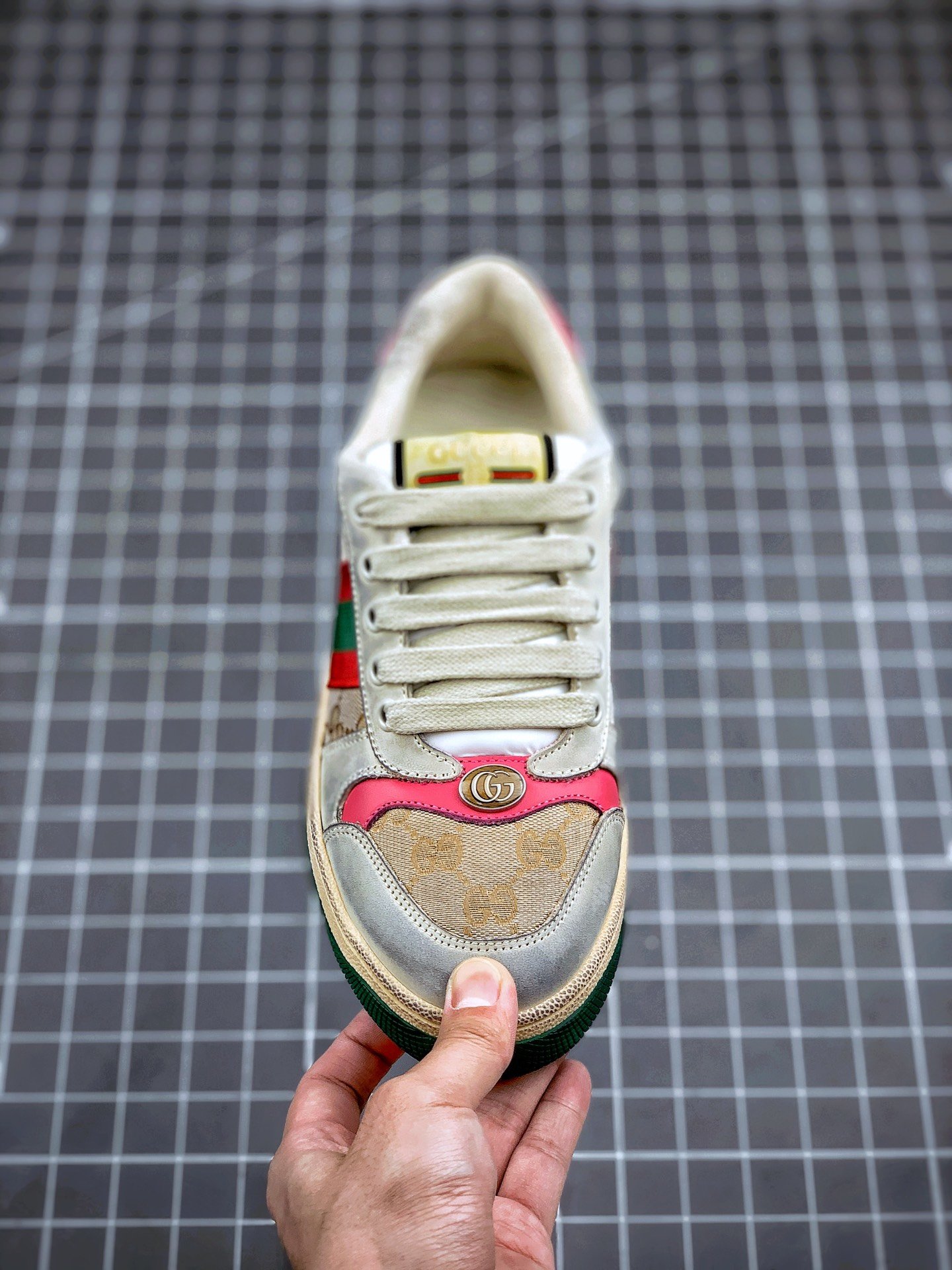 Gucci Distressed Screener Sneaker Grey/Green/Red 7