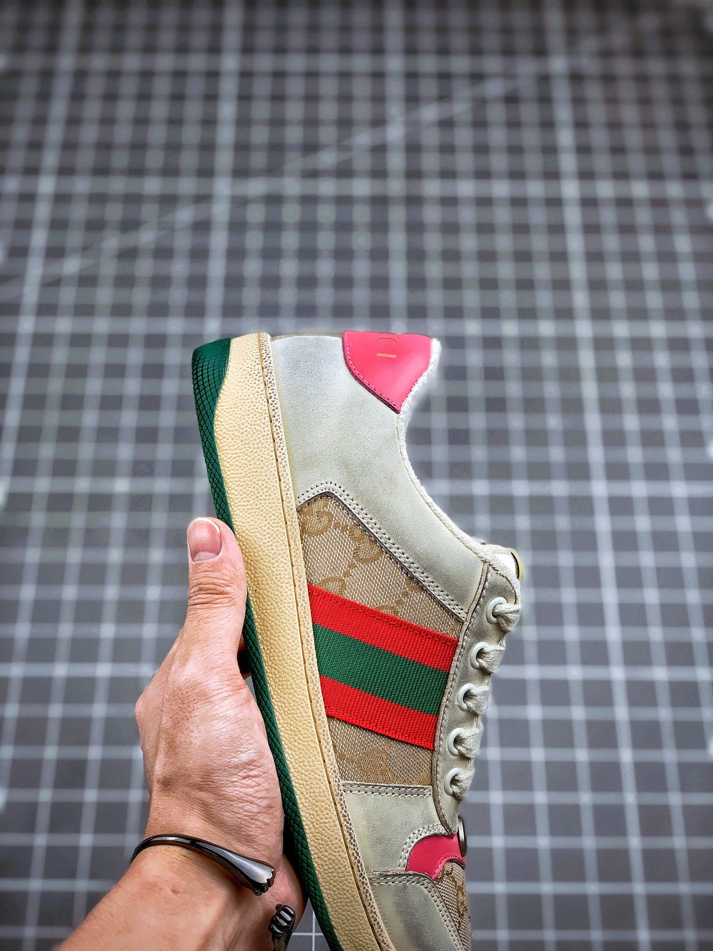 Gucci Distressed Screener Sneaker Grey/Green/Red 9